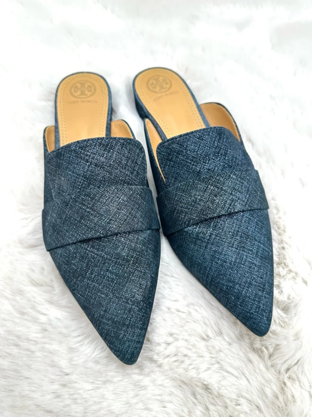 Tory Burch Denim Rosalind Pointed Toe Mules Slides‎ Flats Size 8